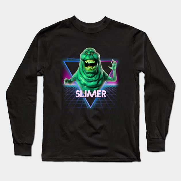 Slimer Ghostbusters Retro 80s Neon Landscape Long Sleeve T-Shirt by Bevatron